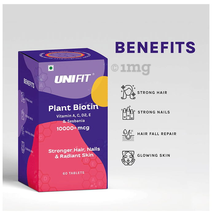 Unifit Plant Based Biotin 10000+ mcg Tablet with Vitamin A, C, D2, E & Sesbania for Stronger Hair, Nails & Radiant Skin (60 Each)
