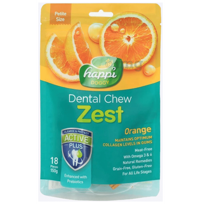 Heads Up For Tails Happi Doggy Dental Chew Zest Maintains Optimum Collagen Levels in Gums Petite 2.5 inch Orange