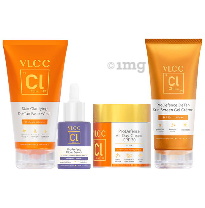 VLCC Clinic Skin Clarifying De-Tan Face Wash (150 ml) & Pro Defence De tan Sunscreen Gel Creme SPF50 (100 gm) ProPerfect Micro Serum (30ml) & ProDefense All Day Cream (100 gm)