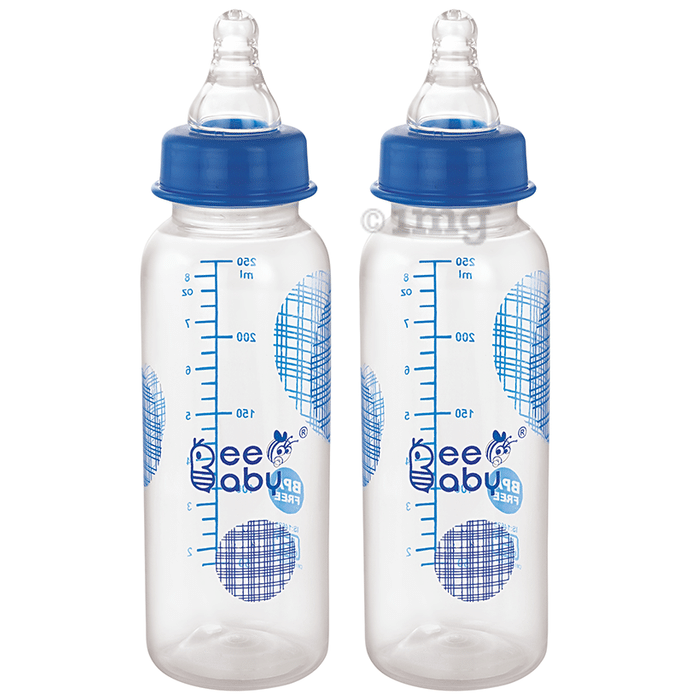 BeeBaby Basic Slim Neck Baby Feeding Bottle with Premium Anti - Colic Comfort Silicone Nippl 8 Months + (250ml Each) Blue