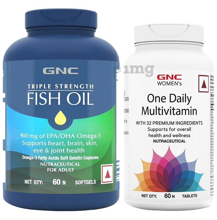 Combo Pack of GNC Triple Strength Fish Oil Softgel & GNC Women's One Daily Multivitamin Tablet (60 Each)