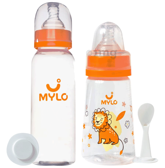 Mylo 2 In 1 BPA Free with Anti-Colic Nipple & Spoon Baby Feeding Bottle (125ml & 250 ml) Feeding Bottle Lion & Zesty Orange