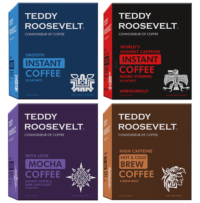 Teddy Roosevelt Combo Pack of Smooth & Highest Caffeine Instant Coffee Sachet, with Love Mocha Coffee Sachet (20 Each) & High Caffeine Hot & Cold Brew 8 Bags