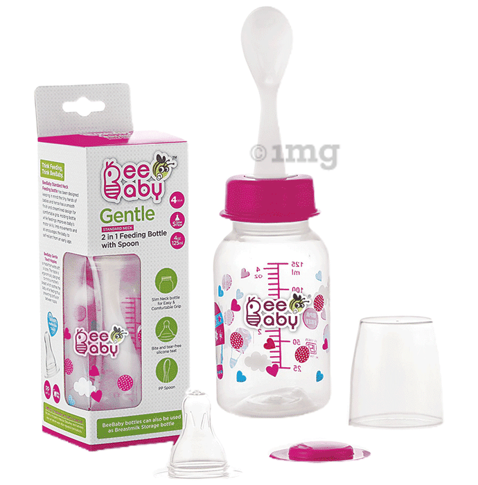 BeeBaby Gentle 2 in 1 Slim Neck Baby Feeding Bottle with Anti-Colic Silicone Nipple & Feeder Spoon 3 Months+ Pink