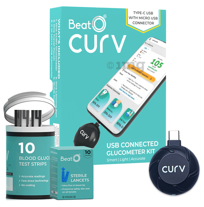 BeatO CURV Smartphone Glucometer | Sugar Test Machine Type-C USB | Diabetes Monitoring Devices | Blood Glucose Monitors with 10 Strips & 10 Lancets