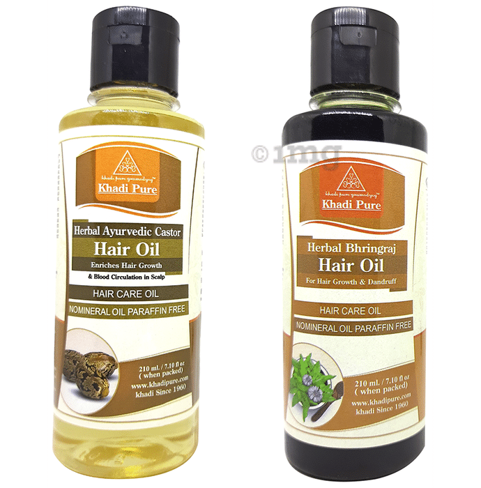 Khadi Pure Combo Pack of Herbal Ayurvedic Castor Hair Oil & Herbal Bhringraj Hair Oil Mineral Oil Free & Paraffin Free (210ml Each)