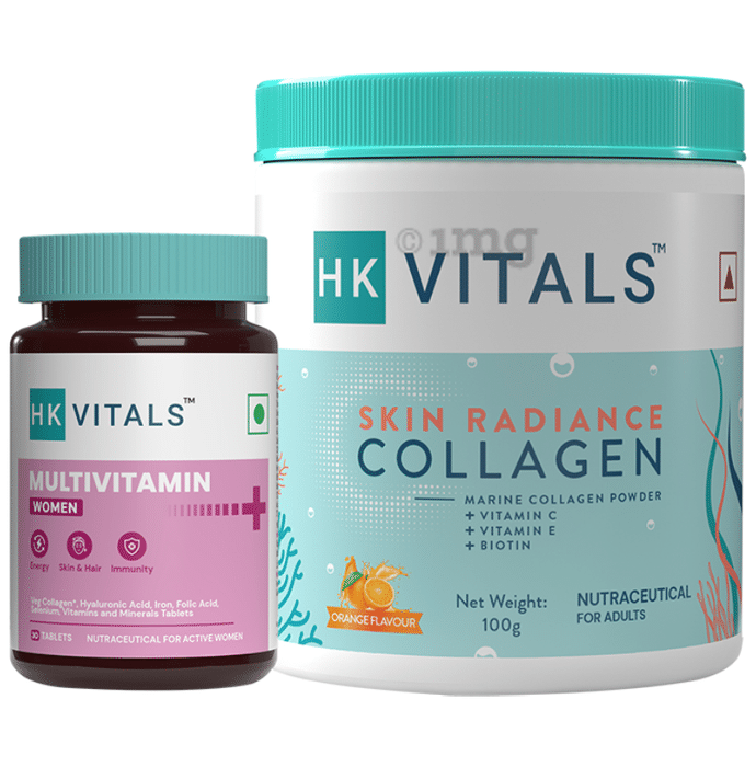HK Vitals Combo Pack of Skin Radiance Collagen Powder Orange Flavour (100gm) & Multivitamin Tablet for Women (30)