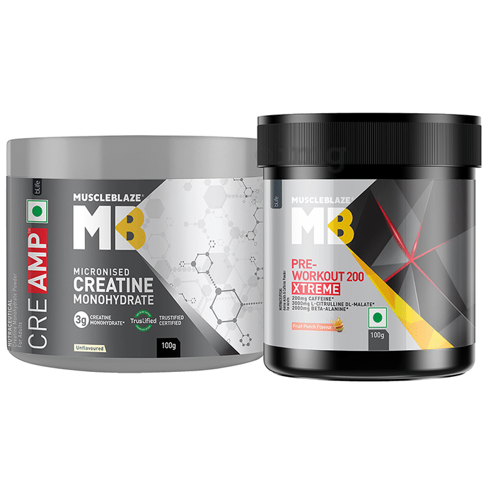 Muscleblaze Combo Pack of Creatine Monohydrate & Pre-Workout 200 Xtreme (100gm Each) Unflavored & Fruit Punch