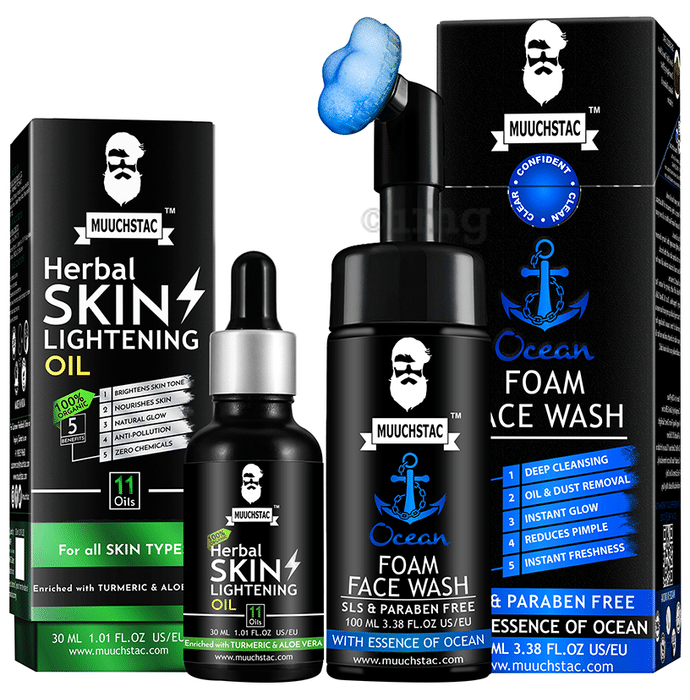 Muuchstac Combo Pack of 100% Organic Herbal Skin Lightening Oil 30ml & Ocean Foam Face Wash 100ml