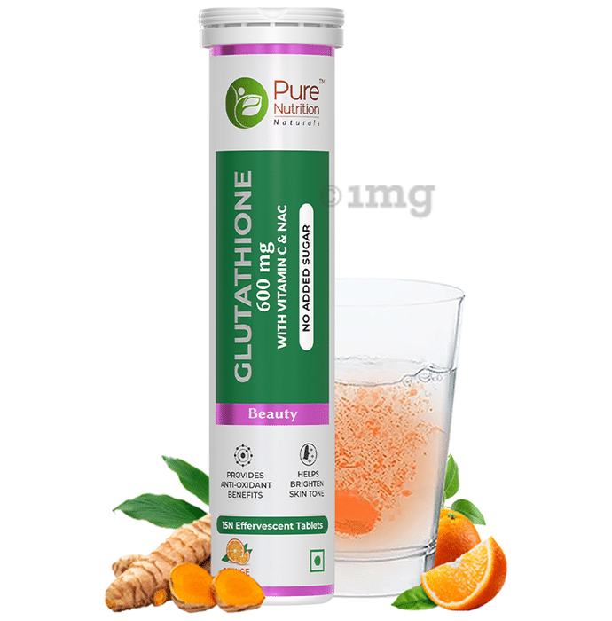 Pure Nutrition Glutathione 600mg with Vitamin C & NAC for Skin & Antioxidant Support | Flavour Effervescent Tablet Orange
