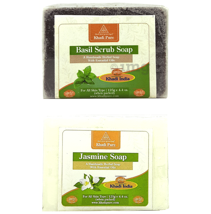 Khadi Pure Combo Pack of Basil Scrub Soap & Jasmine Soap (125gm Each)