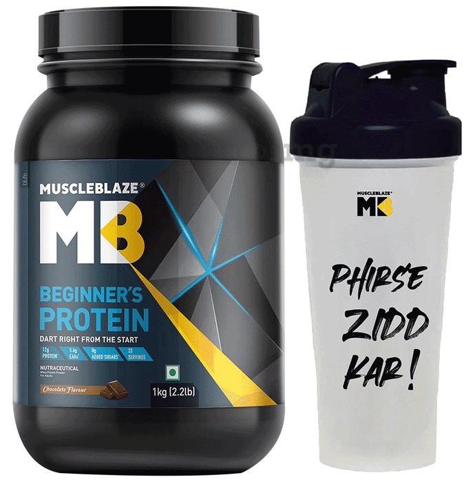 MuscleBlaze Beginner's Whey Protein Concentrate | With Zero Added Sugar | For Muscle Growth | Flavour Chocolate with Shaker 650ml