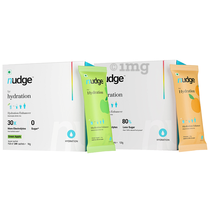 Nudge Combo Pack of Hydration Enhancer Sachet Green Apple Flavour & Orange Flavour (24 Each)