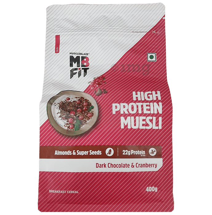 MuscleBlaze Fit High Protein Muesli 22 g Protein | Flavour Dark Chocolate & Cranberry