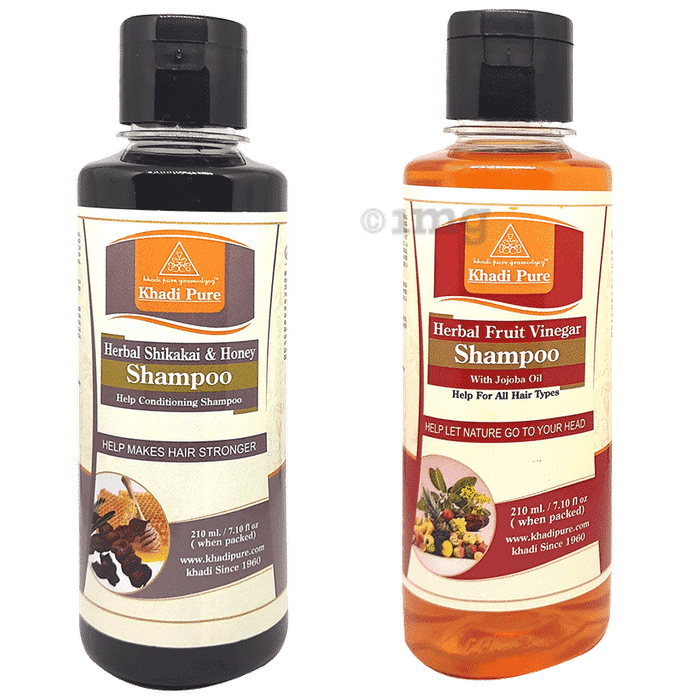 Khadi Pure Combo Pack of Herbal Shikakai & Honey Shampoo & Herbal Fruit Vinegar Shampoo (210ml Each)