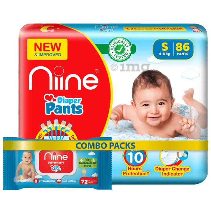 Niine Combo Pack of Baby Diaper Pants Small (86) & Biodegradable Baby Wipes with Lid (72)