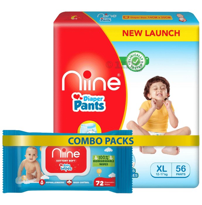 Niine Combo Pack of Baby Diaper Pants Extra Large (56) & Biodegradable Baby Wipes with lid Wipes (72)