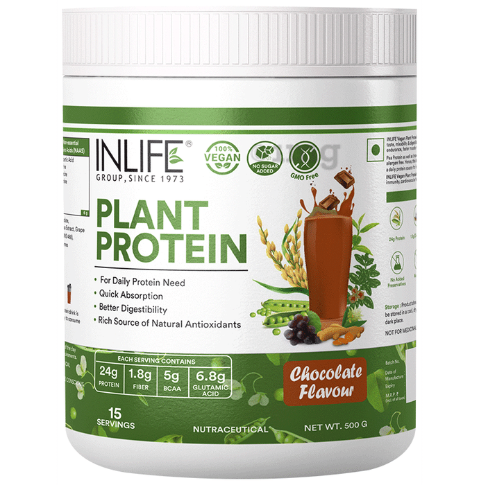 Inlife Vegan Plant Protein | Powder with Added Digestive Enzymes for Strength & Muscle Mass | Flavour Chocolate