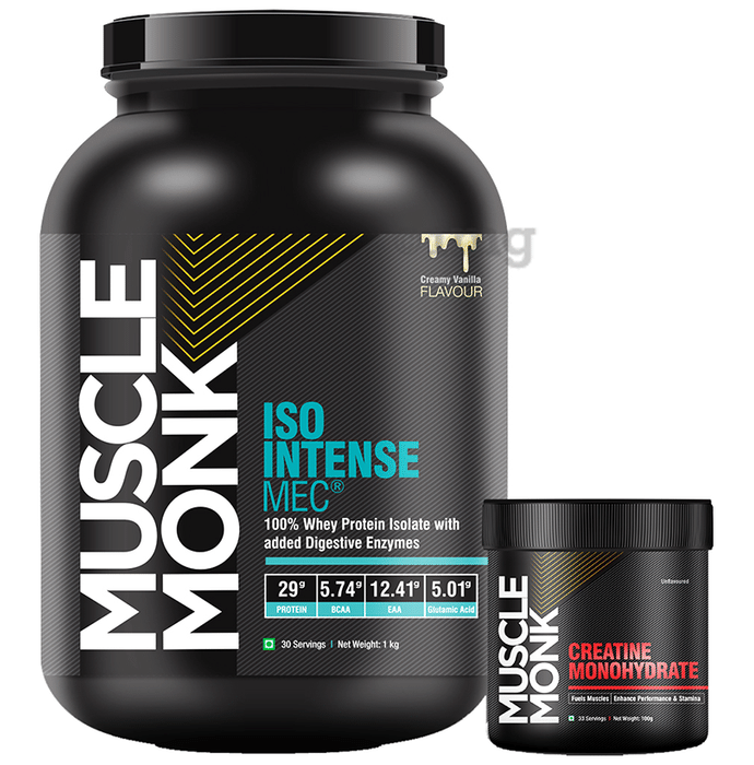 Muscle Monk Combo Pack of Iso Intense MEC 100% Whey Protein Isolate 1kg & Creatine Monohydrate 100gm Creamy Vanilla & Unflavoured