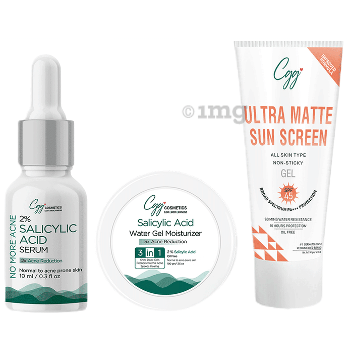 CGG Cosmetics Combo Pack of 2% Salicylic Serum (10ml) & Salicylic Acid Water Gel Moisturizer (50 gm) ,Ultra Matte Sunscreen Gel SPF 45