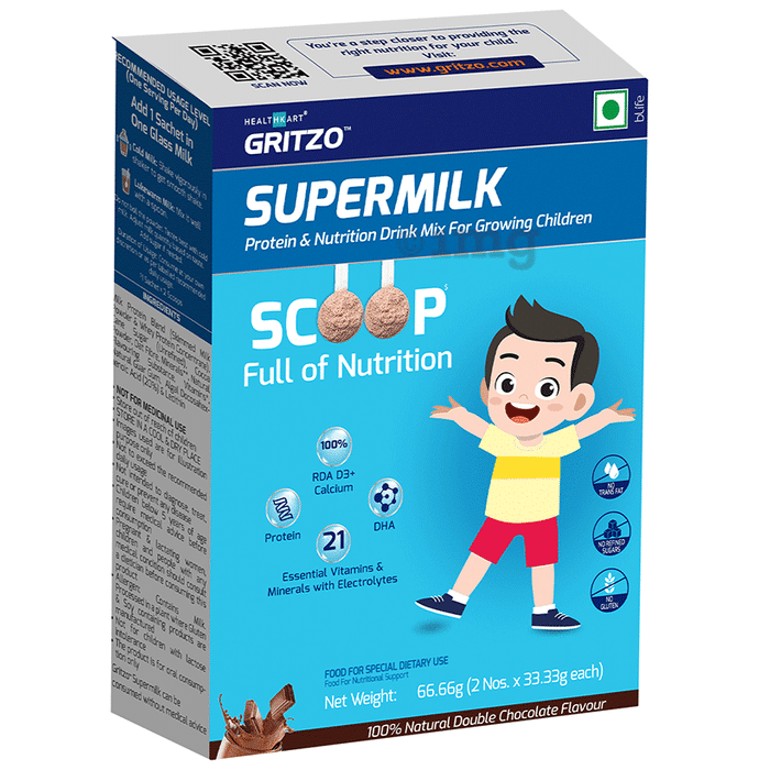 Gritzo Super Milk Protein & Nutritional Drink Sachet (33.33gm Each) Double Chocolate 4-7 years