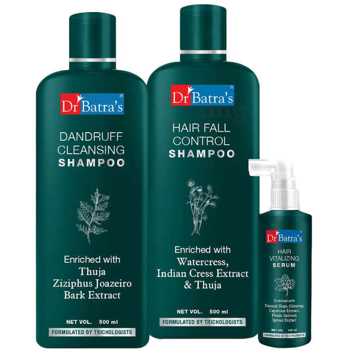 Dr Batra's Combo Pack of Hair Vitalizing Serum 125ml, Dandruff Cleansing Shampoo 500ml and Hair Fall Control Shampoo 500ml