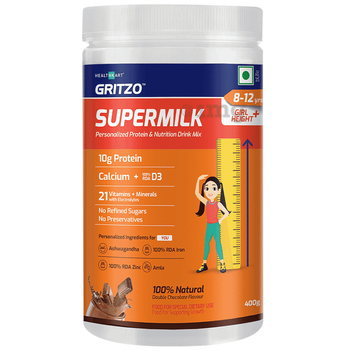 Gritzo Super Girl Milk Protein Height+ for 8 to 12 Years | With Calcium & Vitamin D3 | Flavour Double Chocolate