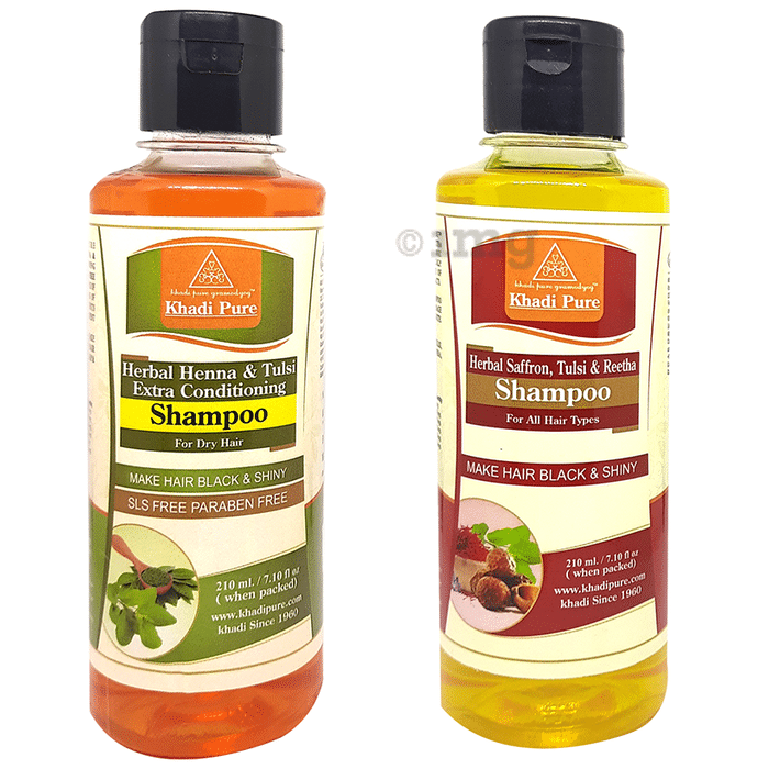 Khadi Pure Combo Pack of Herbal Saffron,Tulsi, & Reetha Shampoo & Herbal Heena & Tulsi Extra Conditioning Shampoo SLS Free & Paraben Free (210ml Each)