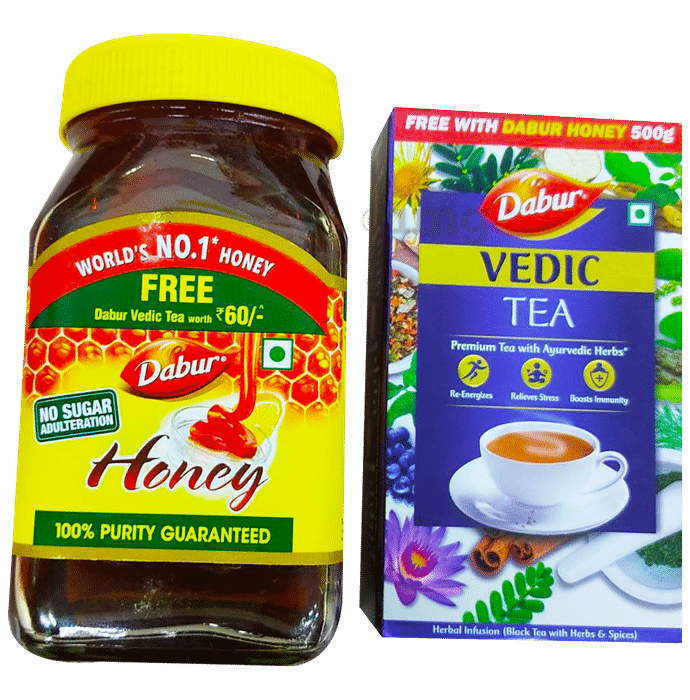 Dabur Honey 100% Pure | World’S No.1 Honey Brand With No Sugar Adulteration with Vedic Tea 100gm Free