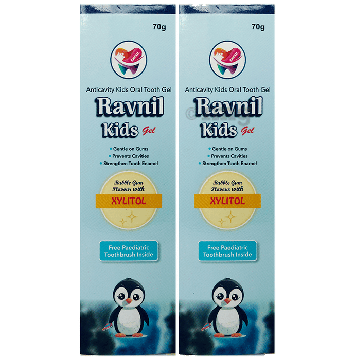 Ravnil Kids Tooth Gel (70gm Each) Bubblegum Flavour with Xylitol with Paediatric Toothbrush Inside Free