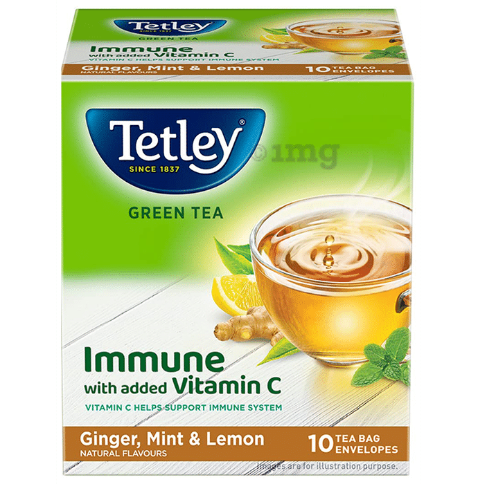 Tetley Green Tea Immune with added Vitamin C Tea Bag (1.3gm Each) Ginger, Mint & Lemon