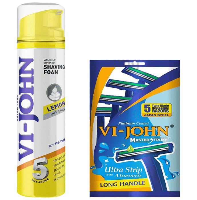 Vi-John Combo Pack of Vitamin E Enriched 5 Way Action Shaving Foam (200ml) & Platinum Plated Master Stroke Razor (5) Lemon Oily Skin