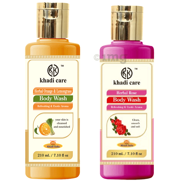 Khadi Care Combo Pack of Herbal Orange and Lemongrass  & Herbal Rose Body Wash (210ml Each)
