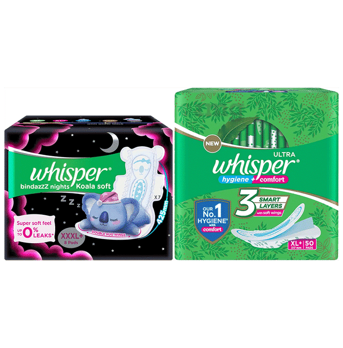 Combo Pack of Whisper Ultra Clean with Herbal Oil Sanitary Pads XL+ (50 Each) & Whisper Bindazzz Nights Koala Soft Pads XXXL+ (8 Each)
