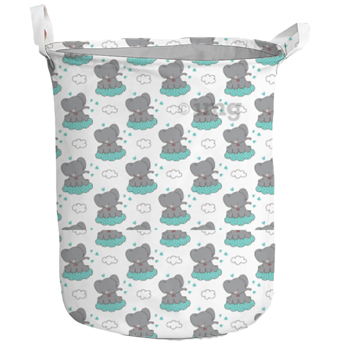 Polka Tots Canvas Cotton Laundry Foldable Storage Bag Elephant - White