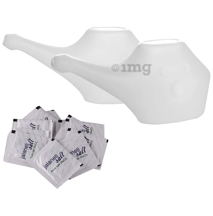 HealthAndYoga Combo Pack Of Travel Neti Pot - Nasal Wash - White + 10 Jala Neti salt White