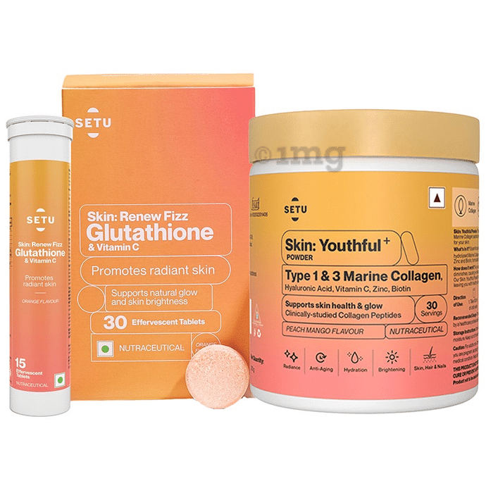 Setu Skin Radiance Combo Pack of Skin Glow Fizzy Glutathione Effervescent Tablets (30 Each) & Marine Collagen Powder (210gm)