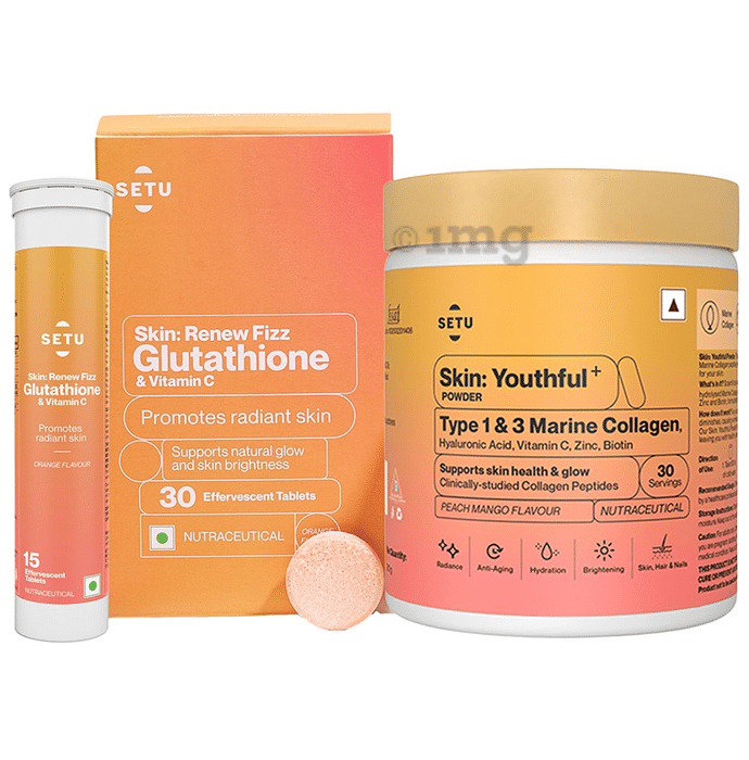 Setu Skin Radiance Combo Pack of Skin Glow Fizzy Glutathione Effervescent Tablets (30 Each) & Marine Collagen Powder (210gm)