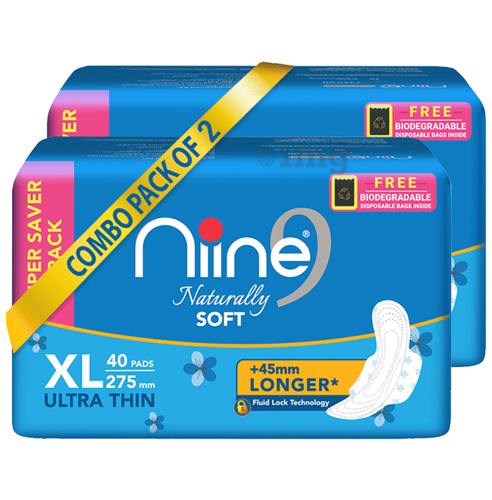 Niine Naturally Soft Pads (40 Each) with Biodegradable Disposal Bag Inside Free Ultra Thin XL