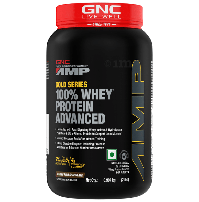 GNC Amp Gold 100% Whey Protein Advanced Powder with Digestive Enzymes | For Lean Muscles | Flavour Double Rich Chocolate