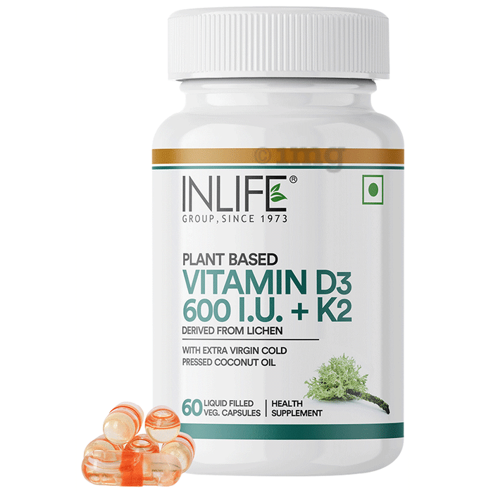 Inlife Plant Based Vitamin D3 600I.U. + K2 for Bones, Teeth & Immunity | Liquid Filled Capsule