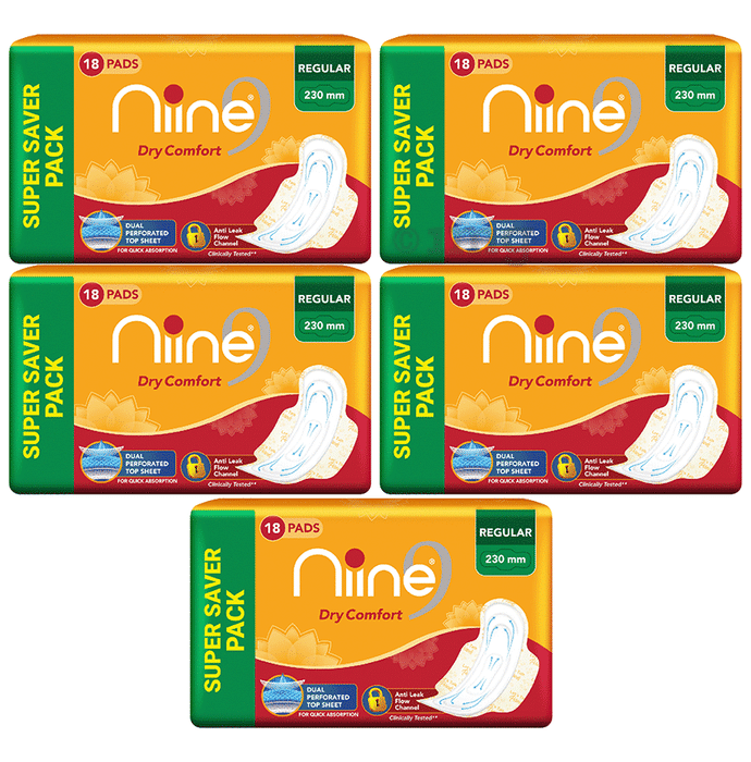 Niine Dry Comfort Sanitary Pads for Women with Anti Leak Flow Channel Technology (18 Each) Regular Super Saver Pack