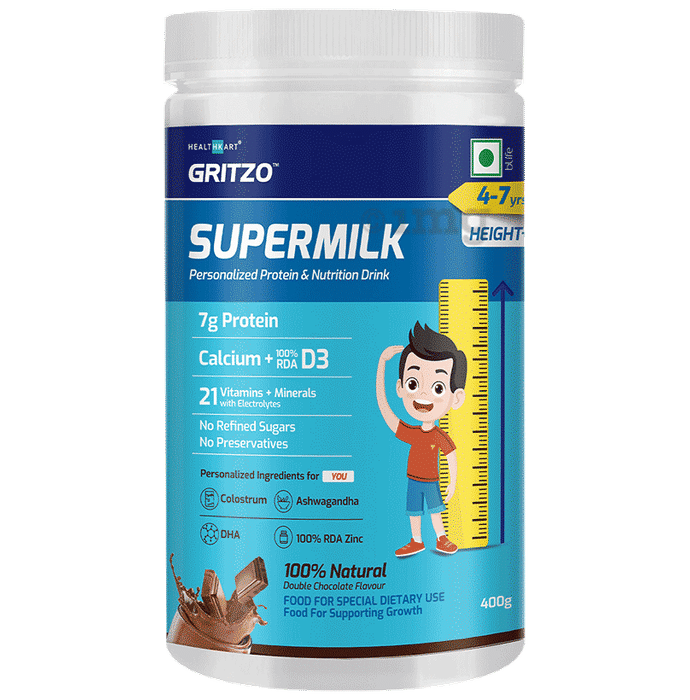 Gritzo Super Milk Protein Height+ for 4 to 7 Years | With Calcium & Vitamin D3 | Flavour Double Chocolate