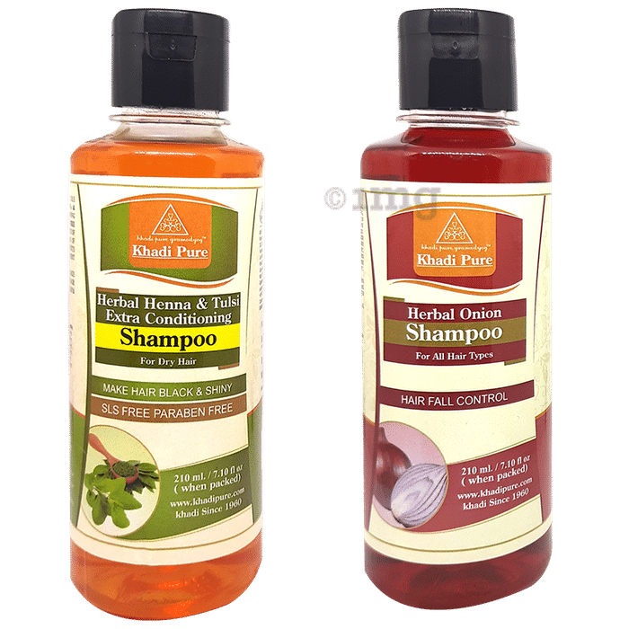 Khadi Pure Combo Pack of Herbal Onion Shampoo & Herbal Heena & Tulsi Extra Conditioning Shampoo SLS Free & Paraben Free (210ml Each)