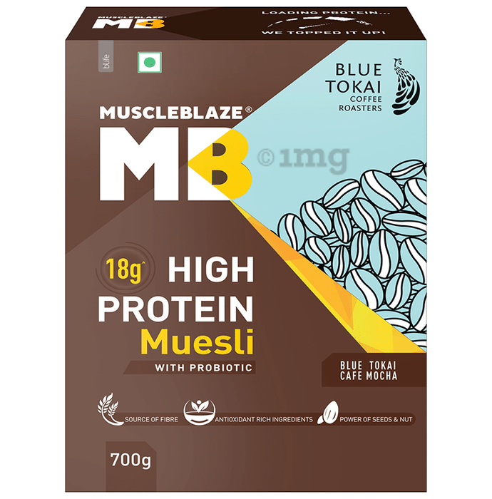 MuscleBlaze Fit High Protein Muesli 22 g Protein | Flavour Blue Tokai Cafe Mocha