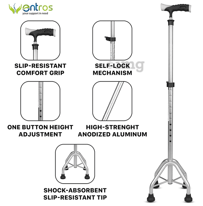 Buy entros Premium Aluminium Height Adjustable Quadripod 4 Leg Curved  Walking Stick with Support Handle - KL948 Online at Best Prices in India -  JioMart.