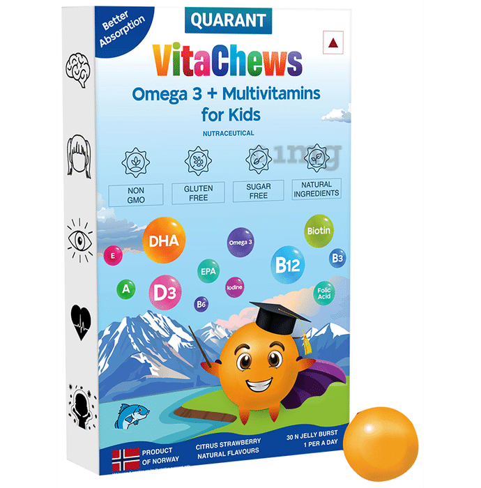 Quarant Vitachews Fish Oil Omega 3 Fatty Acid + Multivitamin Gummies with High DHA & EPA for Kids Citrus Strawberry Natural Flavours