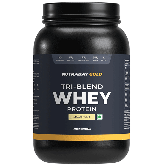 Nutrabay Gold Tri-Blend Whey Protein for Muscle Recovery & Immunity | No Added Sugar | Flavour Powder Malai kulfi
