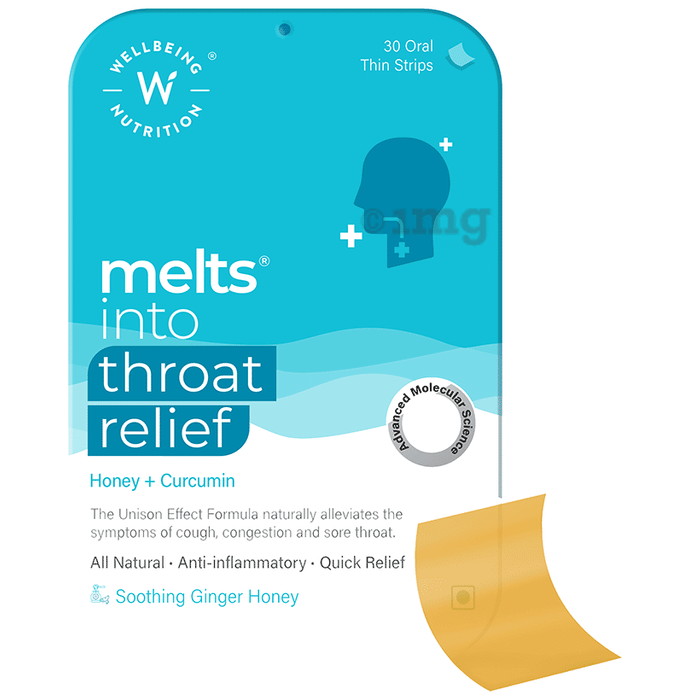 Wellbeing Nutrition Melts into Throat Relief | Oral Thin Strips with Honey & Curcumin | Flavour Soothing Ginger Honey