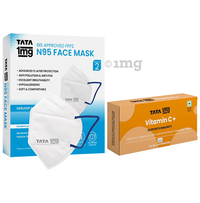 Combo Pack of Tata 1mg Vitamin C with Vitamin D3, Zinc and Amla Extract Chewable Veg Tablet, Supports Immunity (30) & Tata 1mg BIS Approved FFP2 N95 Mask White - Ear Loop, Premium Face Mask 5 Layer (2)